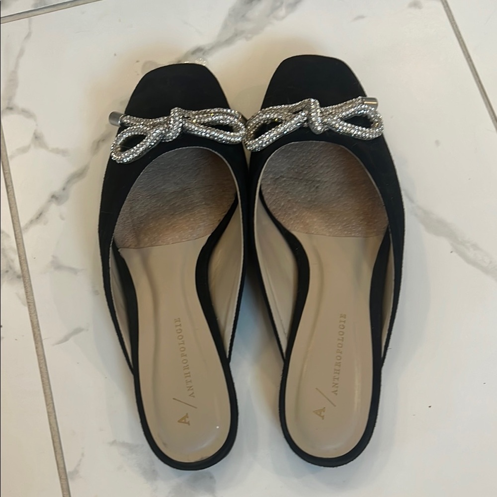 Anthropologie Black Suede Slingback Mules with Rhinestone Bow - Picture 2 of 4